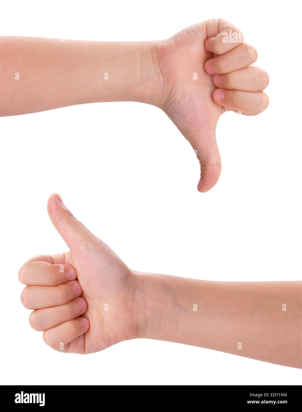 children's hands showing thumb up and down isolated with Clipping Path included Stock Photo