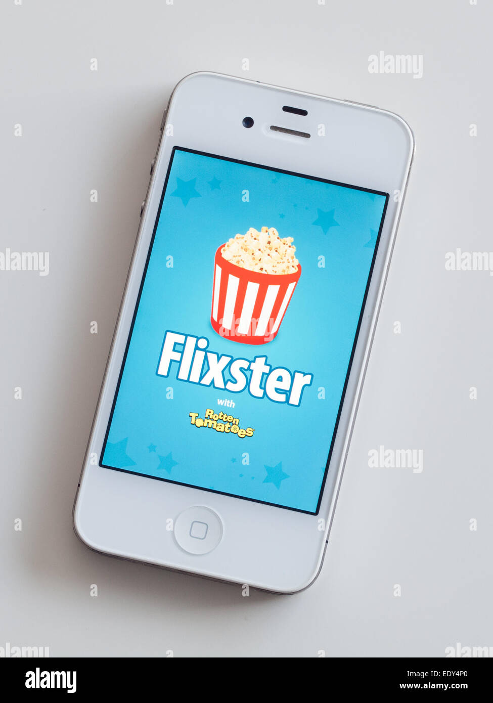 The homescreen and logo of the Flixster with Rotten Tomatoes mobile app on  a white Apple iPhone 4 Stock Photo - Alamy