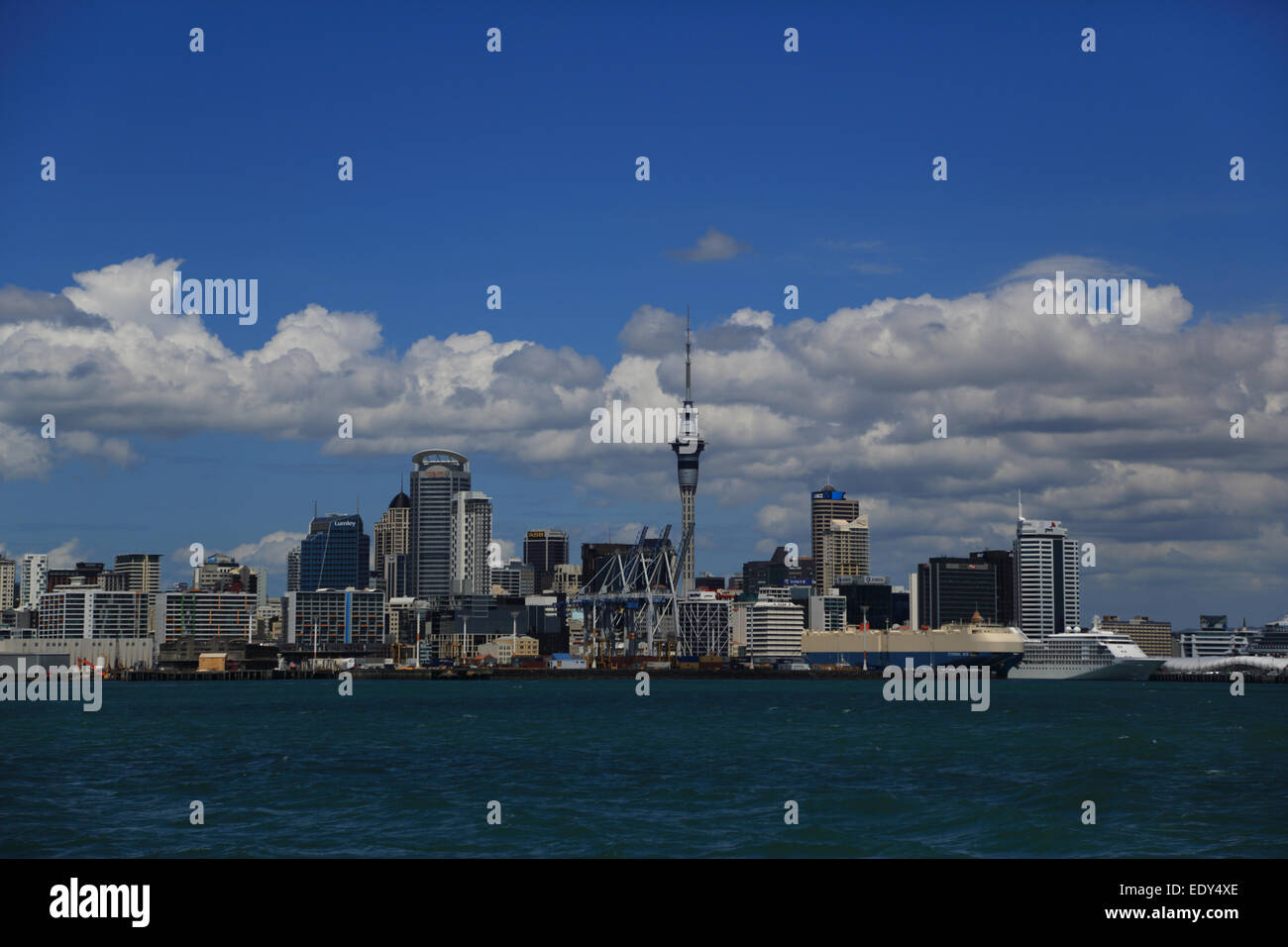 Auckland Port and skyline, Diamond Princess cruise ship and other shipping from Devenport Ferry, New Zealand Stock Photo