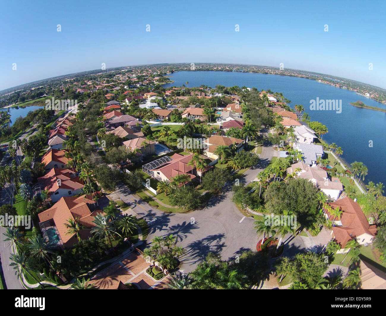 Suburban waterfront neighborhood in Florida seen in aerial view Stock Photo