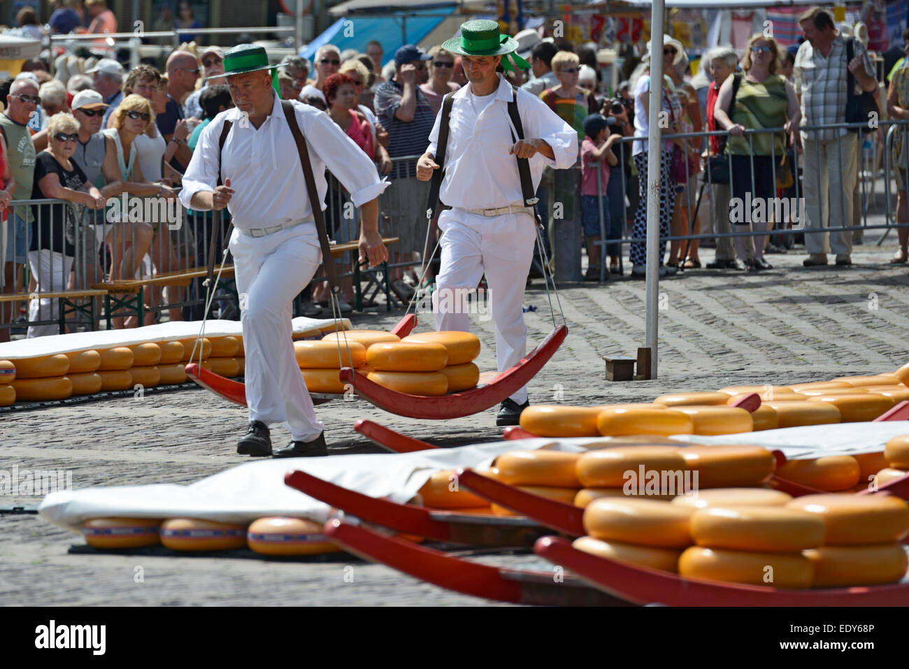 Cheese porters carrying cheese wheels on wooden sledges at the Friday Cheese Market, Waagplein Square, Alkmaar, North Holland, N Stock Photo