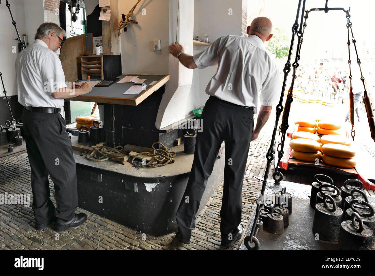 Weighing cheese wheels in the weighing house, Friday cheese market, Waagplein Square, Alkmaar