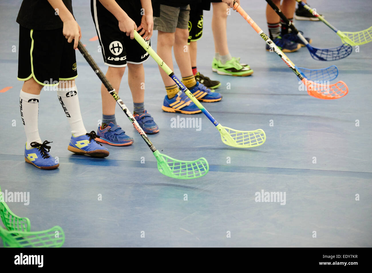 Children Boys Schoolchildren Playing Floorball Floor Hockey