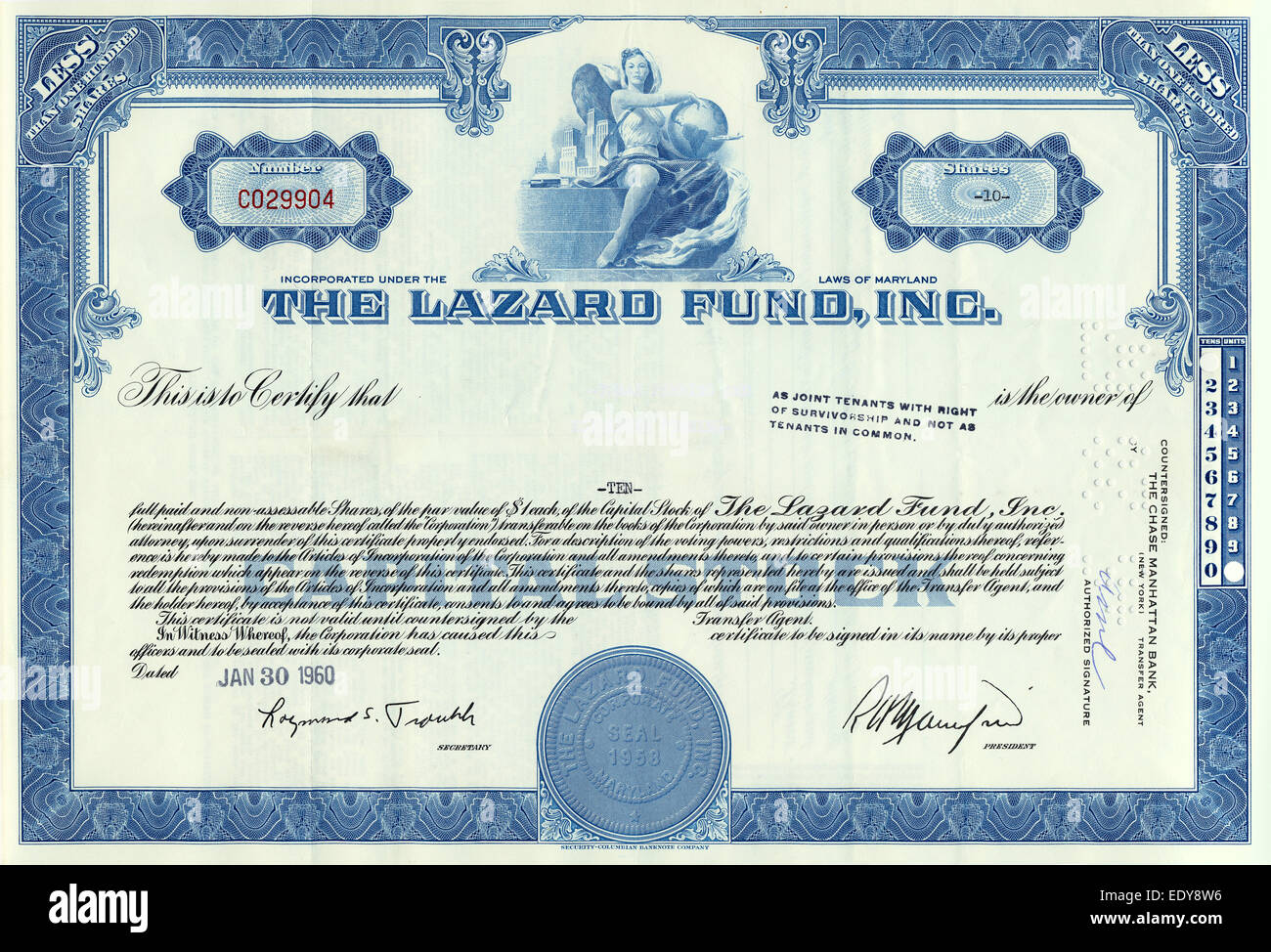 Historic share certificate, The Lazard Fund Inc., 1960, Maryland, USA Stock Photo