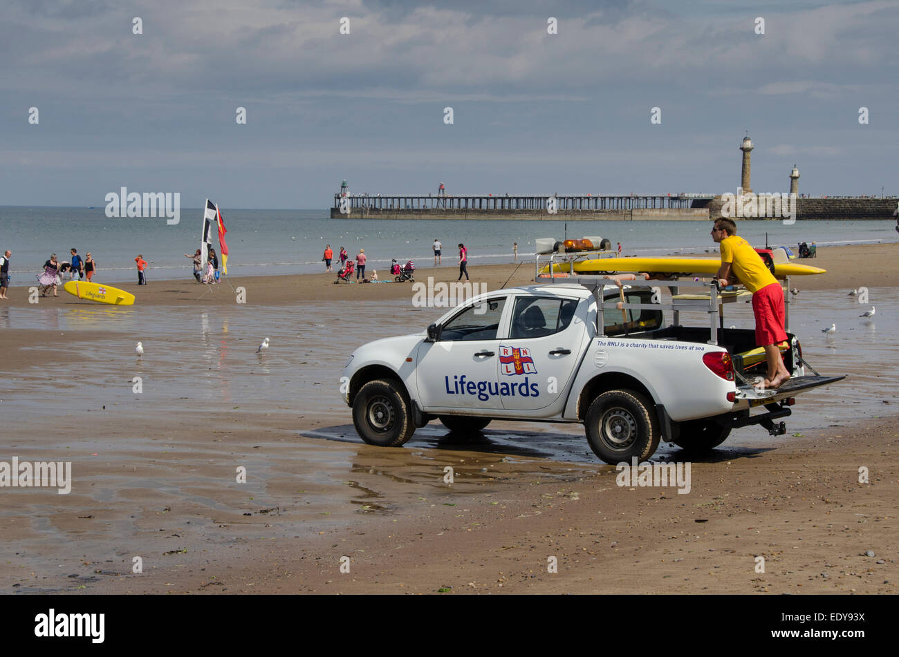 Young man on duty as RNLI lifeguard is watching people in sea & standing on back of parked pick-up truck - Whitby beach, North Yorkshire, England, UK. Stock Photo