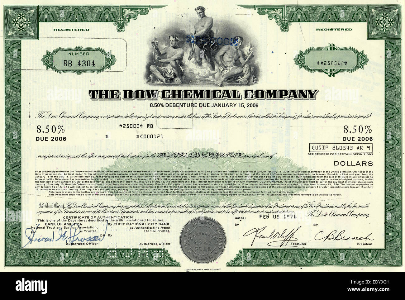 Historic share certificate, The Dow Chemical Company, USA, 1976 Stock Photo