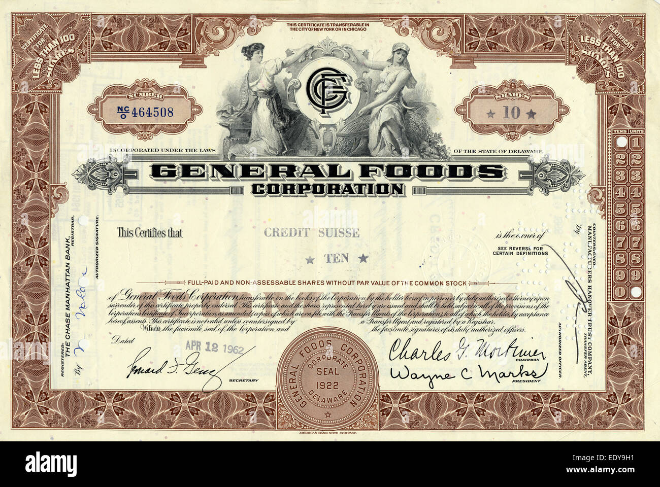 Historic share certificate, Steel engraving, allegorical depiction, General Foods Corporation Stock Photo