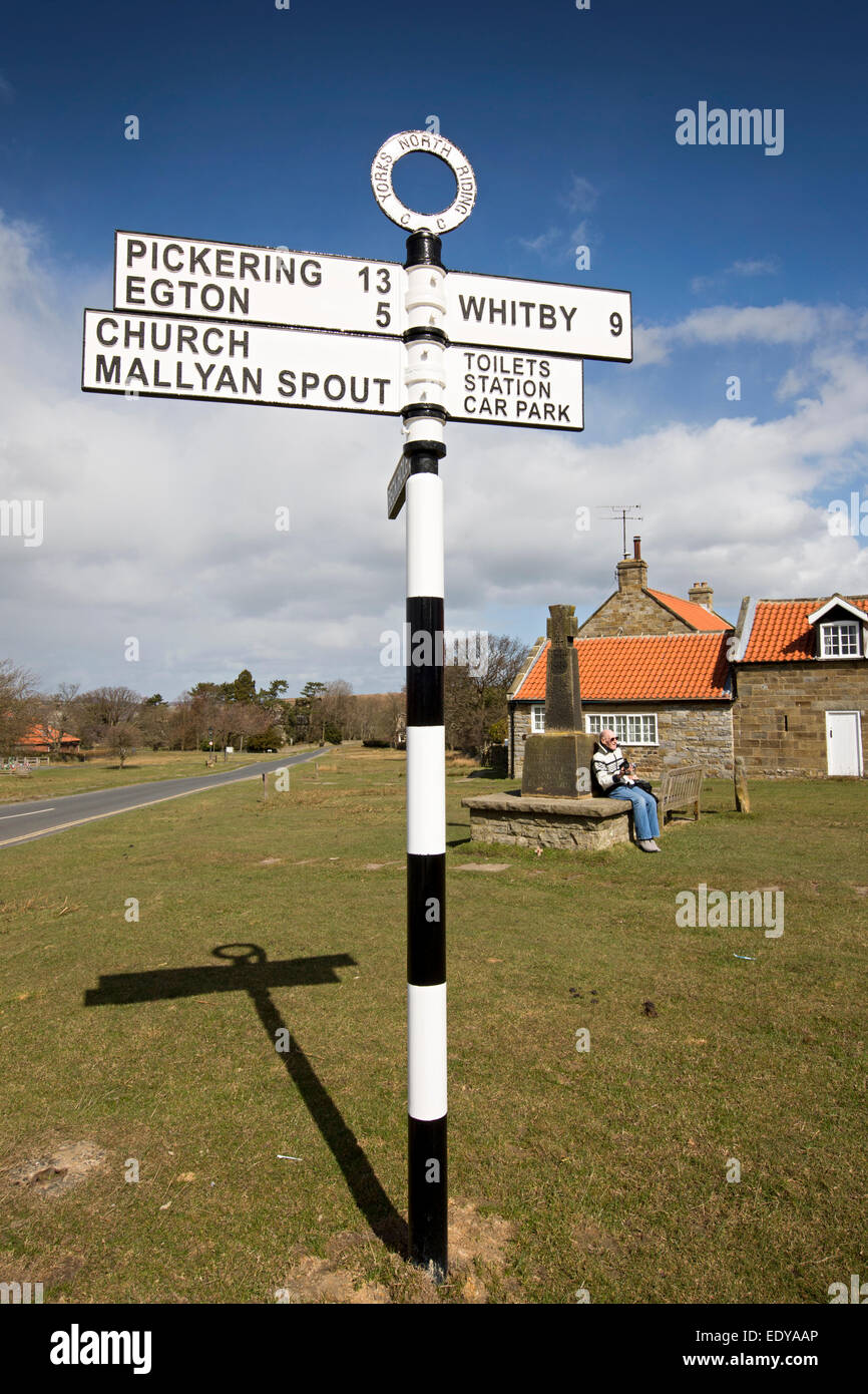 UK, England, Yorkshire, Goathland, road sign and War Memorial in centre of village Stock Photo
