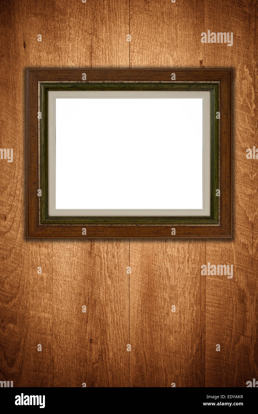 Old picture frame on vintage wood wall Stock Photo - Alamy