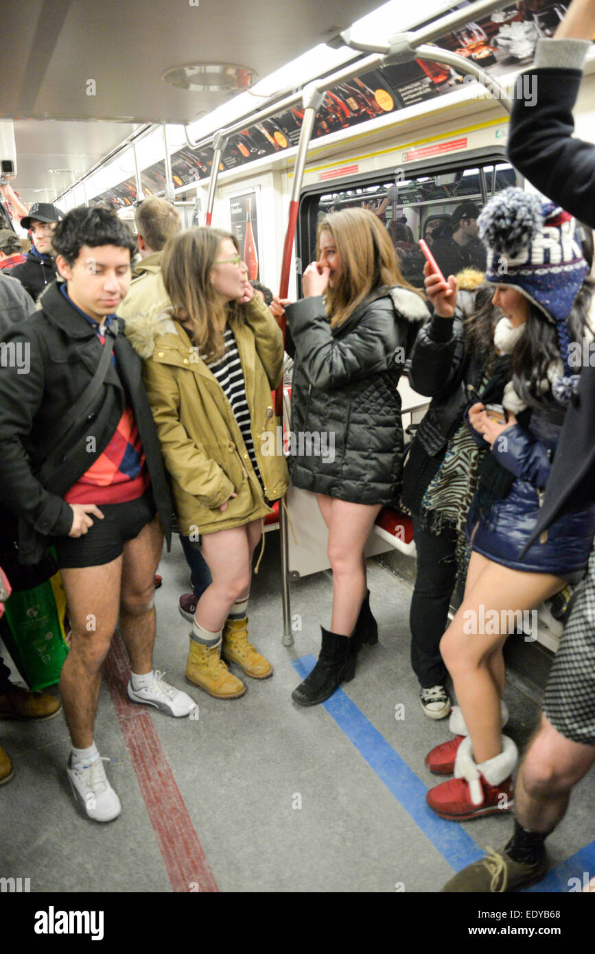 Toronto, Canada. 11th January, 2015. Toronto people took part in no pants subway ride in Toronto, Canada. No Pants Subway Ride was created by ImprovEverywhere in New York in 2002. No Pants on the TTC in Toronto was organized by Improv Everywhere who staged a No Pants Subway ride. Credit:  Nisarg Lakhmani/Alamy Live News Stock Photo