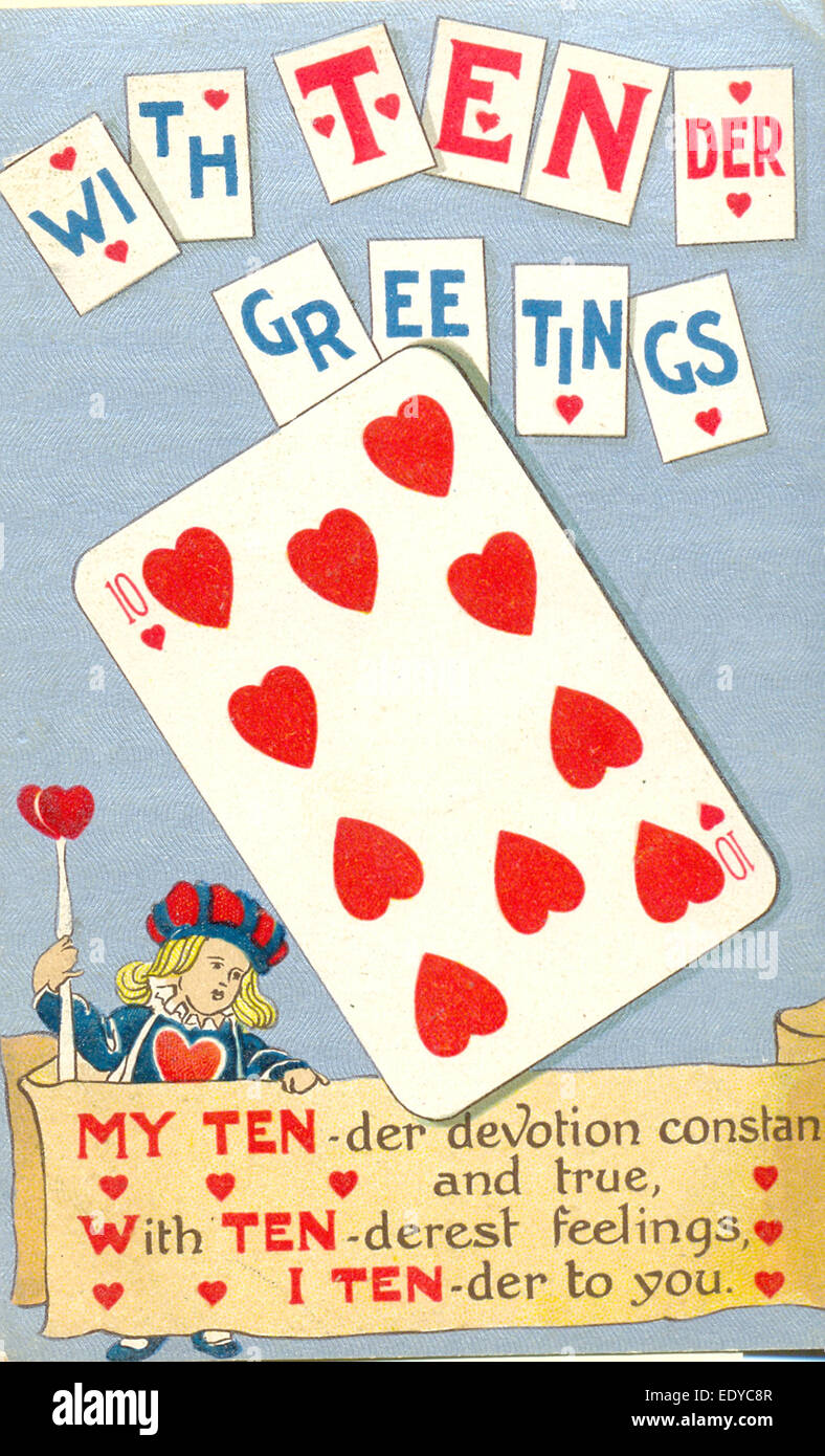 Valentine postcard with playing card puns published by Birn Bros. circa
