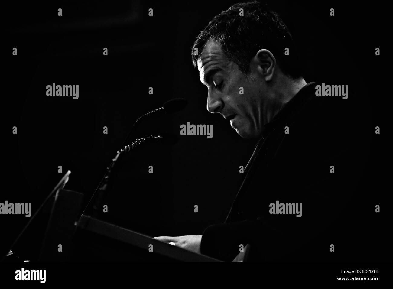 Thessaloniki, Greece. 11th January 2015. The leader of the 'To Potami' political party, Stavros Theodorakis speaks to supporters during a pre-election rally in Thessaloniki. Greece goes to the polls for parliamentary elections on January 25th. The leader of the 'To Potami' political party, Stavros Theodorakis addressed supporters at Olympion cinema during a pre-election rally in Thessaloniki. According to opinion polls 'To Potami' is in third place less than three weeks before elections. Credit:  Konstantinos Tsakalidis/Alamy Live News Stock Photo