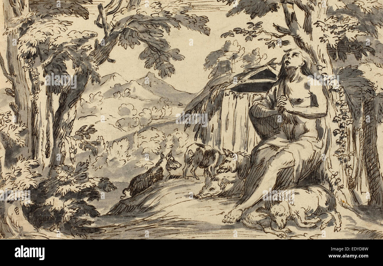after Pietro Testa, The Prodigal Son, 18th century, pen and brown ink with gray wash on laid paper Stock Photo