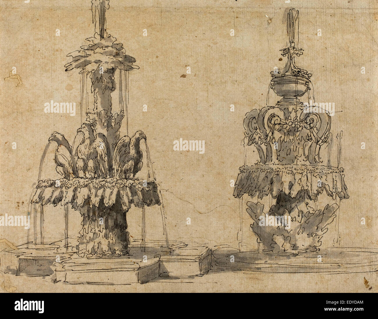 Italian 17th Century, Two Fountains, pen and gray ink with gray wash on laid paper Stock Photo