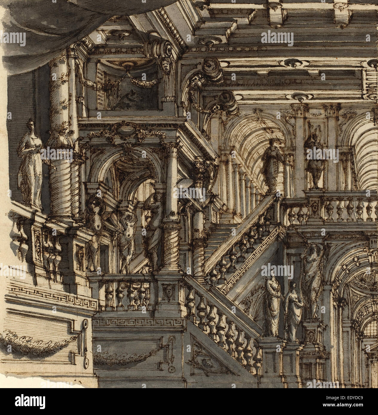 Bibiena (family member) (Italian, active 18th century), An Elaborate Staircase in a Palace, pen and brown ink with gray wash Stock Photo