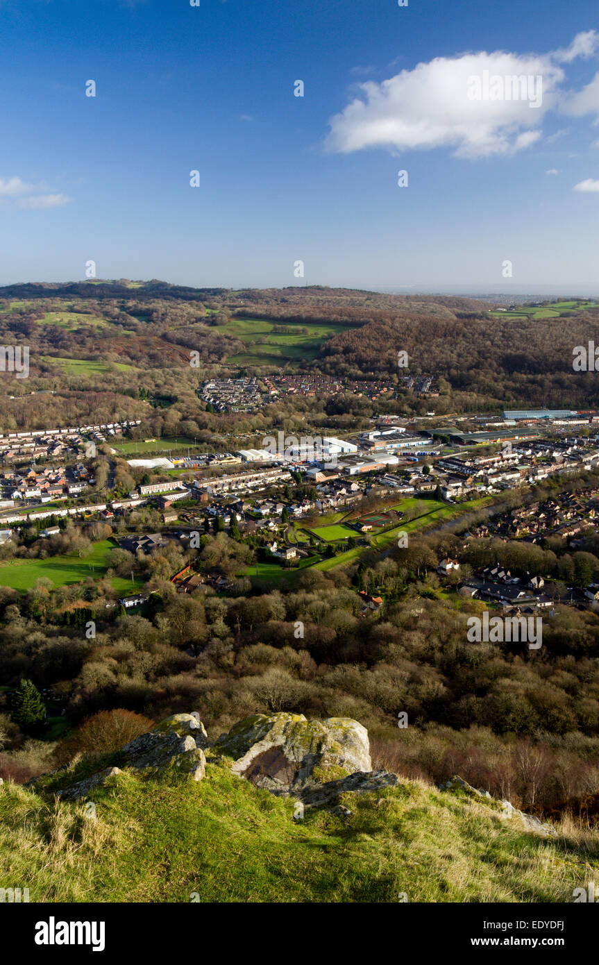 View across the Taff Vale from the Garth Mountain above Taffs Well, South Wales, Valleys, UK. Stock Photo