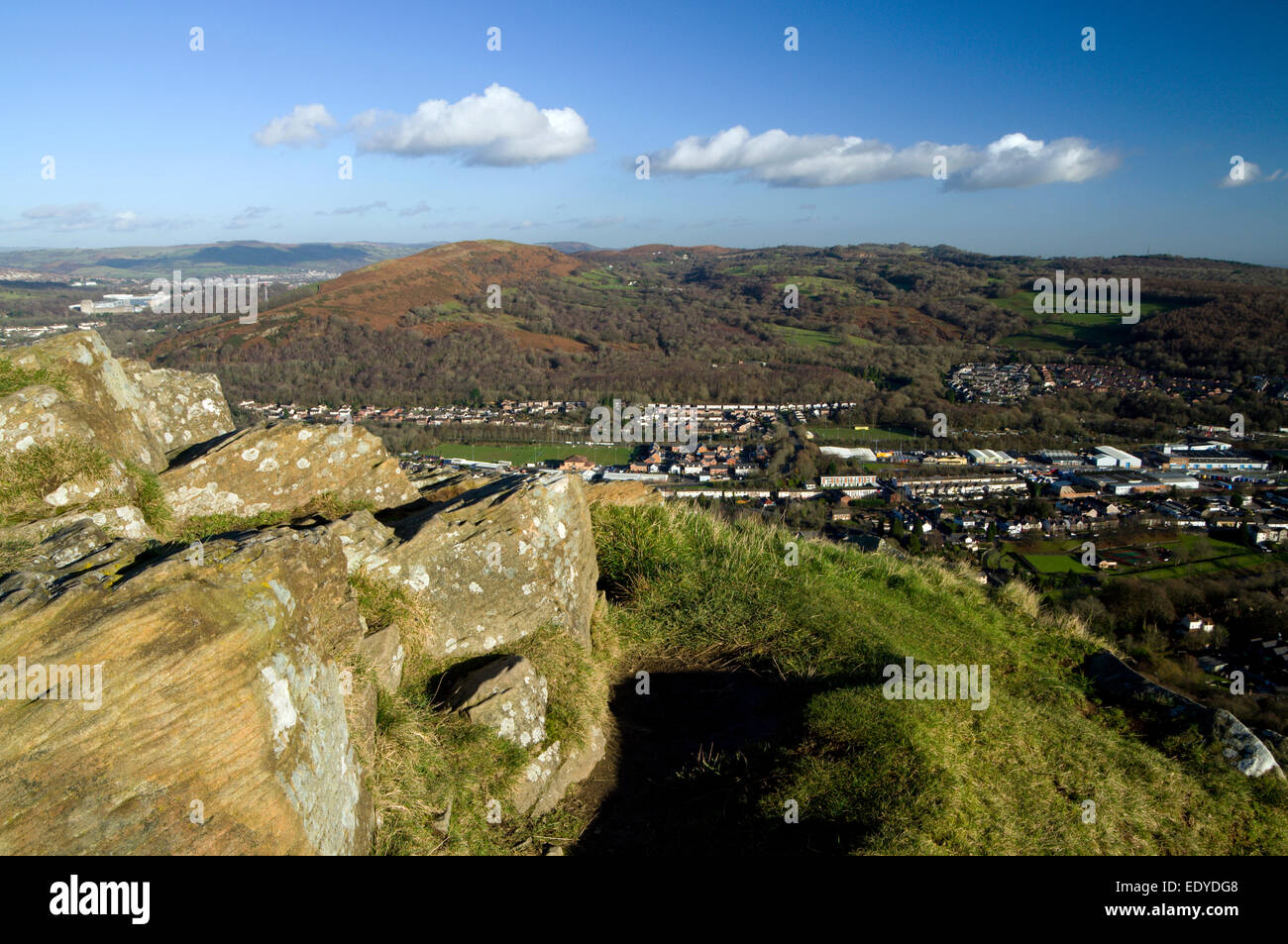 View across the Taff Vale from the Garth Mountain above Taffs Well, South Wales, Valleys, UK. Stock Photo