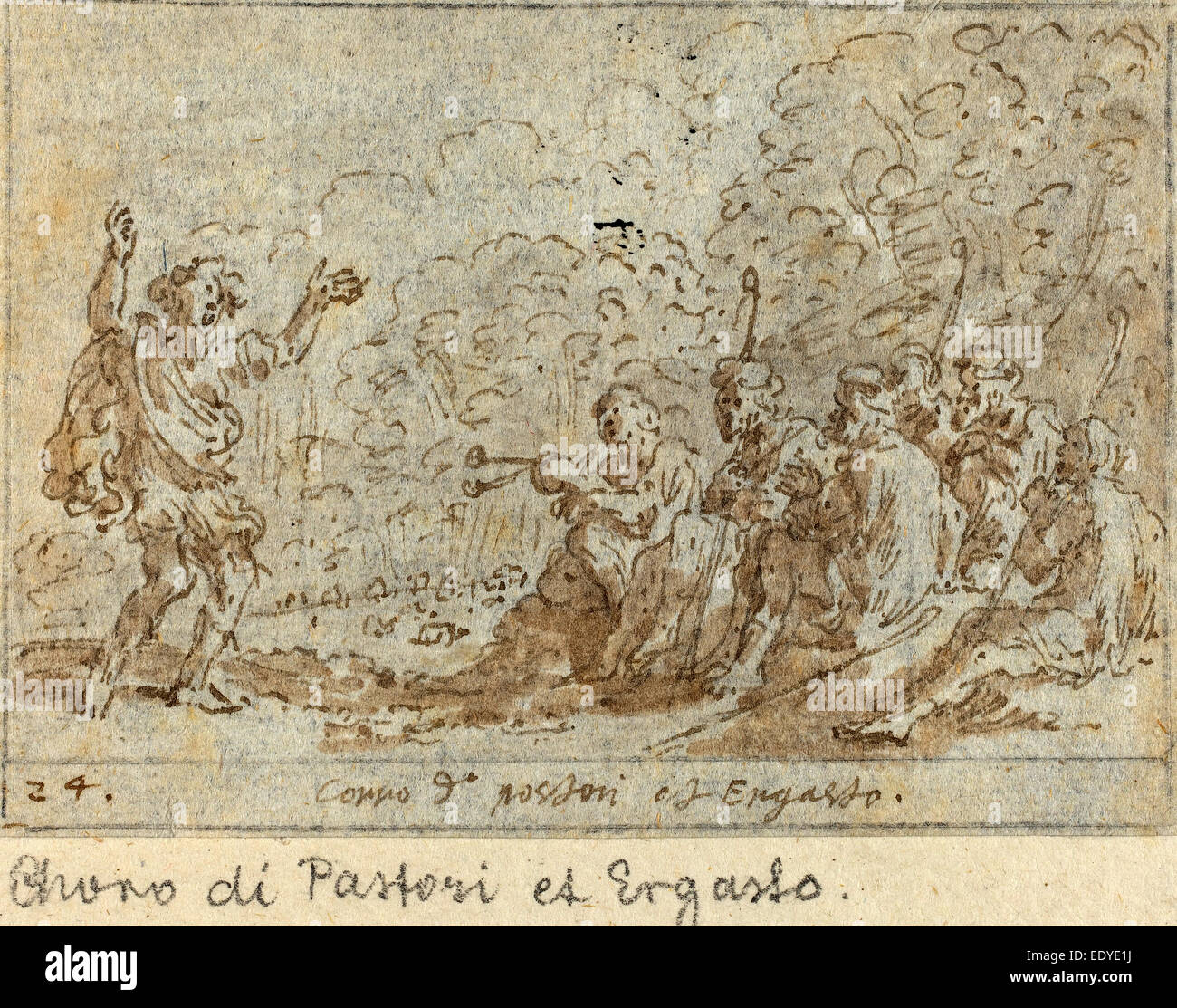 Johann Wilhelm Baur (German, 1607 - 1641), Chorus of Shepherds and Ergasto, 1640, pen and brown ink with brown wash Stock Photo