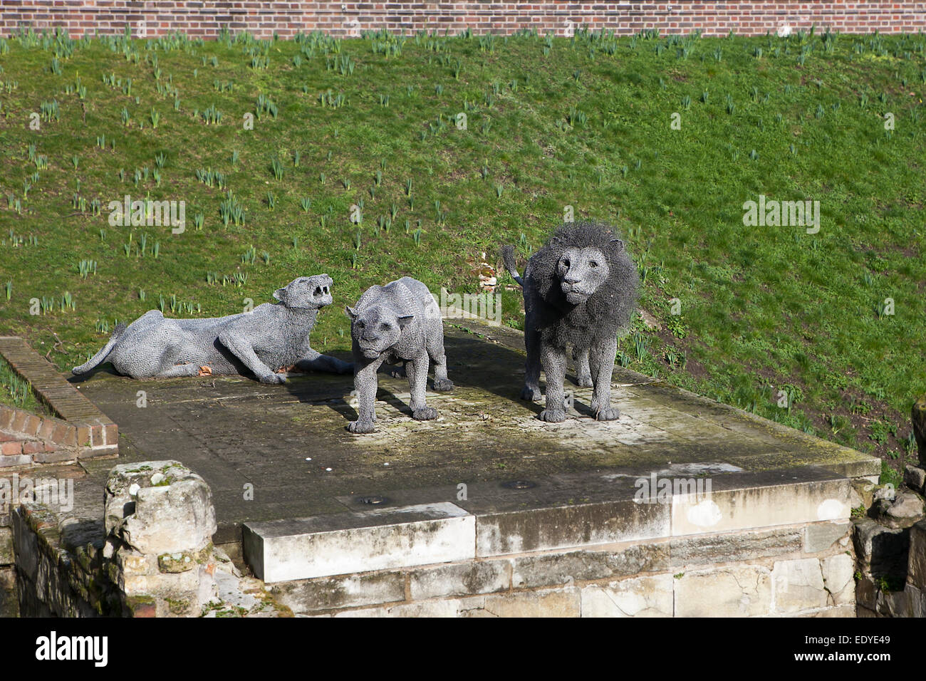 London - October 17, 2014: Lions made from wire mesh by Kendra Haste at the Tower of London Stock Photo