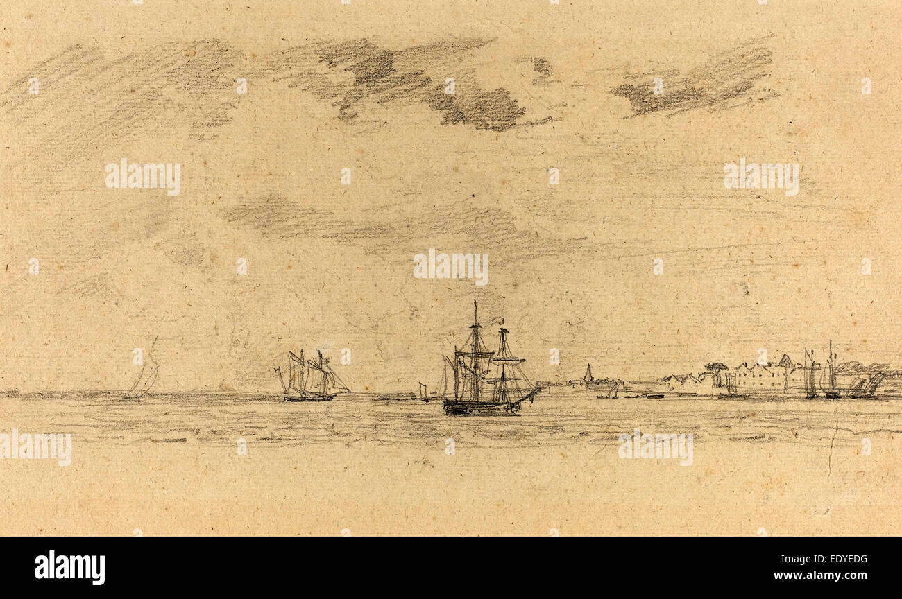Eugène Boudin (French, 1824 - 1898), Coastal Landscape with Shipping, c. 1858, graphite Stock Photo