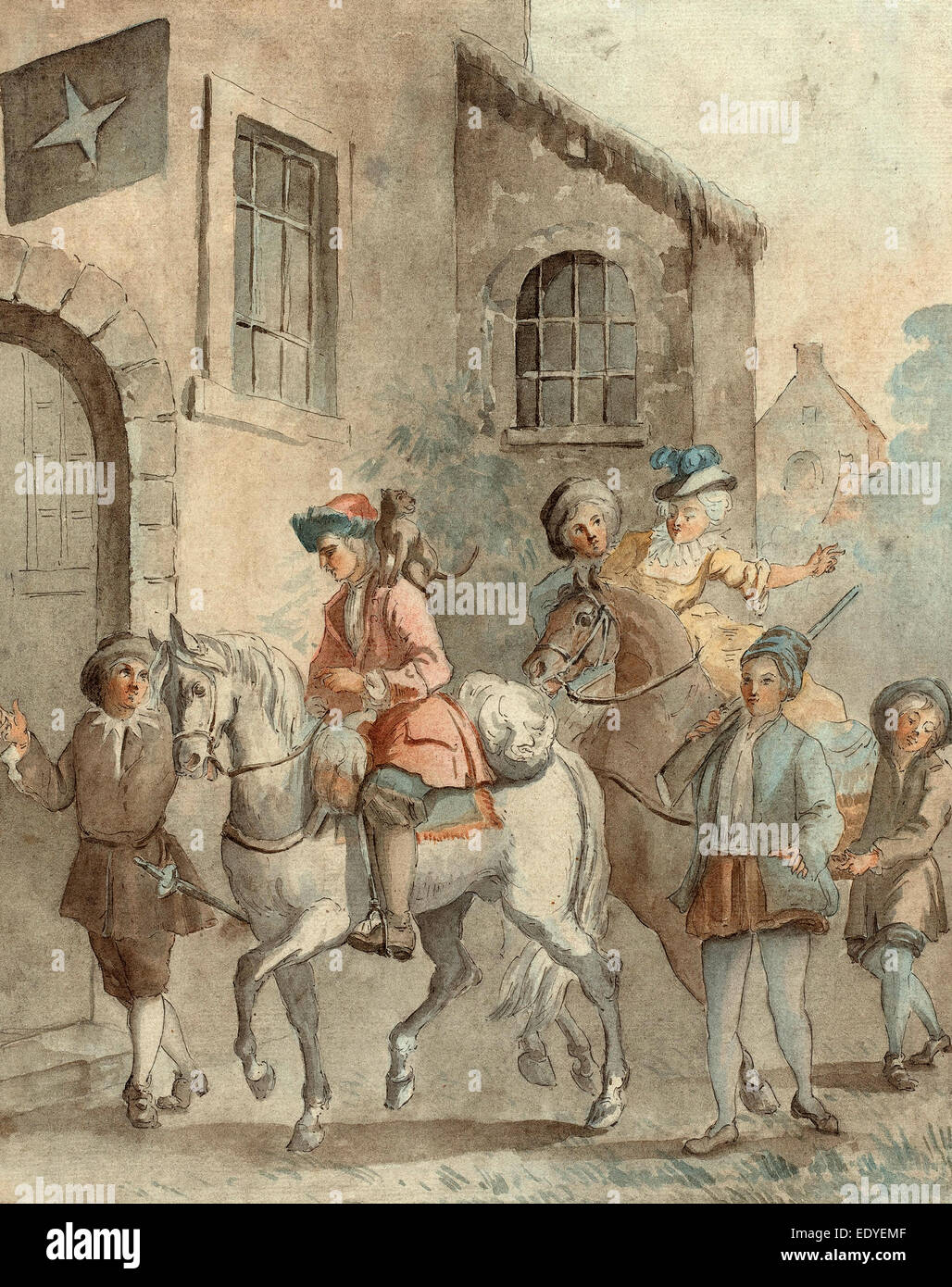 French 18th Century after Jean-Baptiste Oudry, Arrival at an Inn, 18th century, pen and brown ink with watercolor Stock Photo