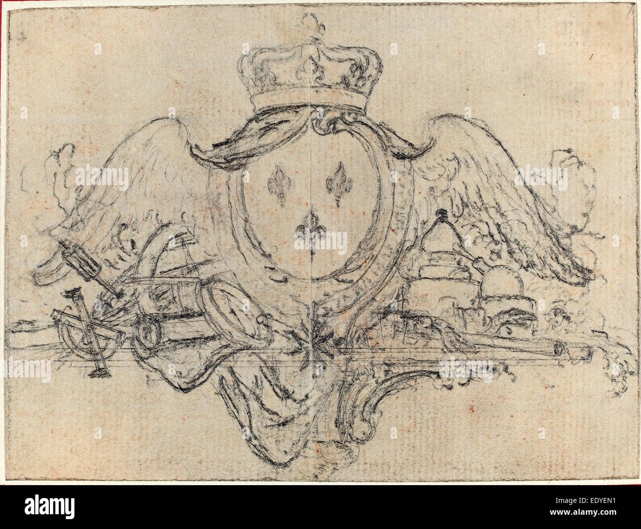 Hubert François Gravelot (French, 1699 - 1773), Arms of the King of France with Wings and Scientific Instruments, graphite