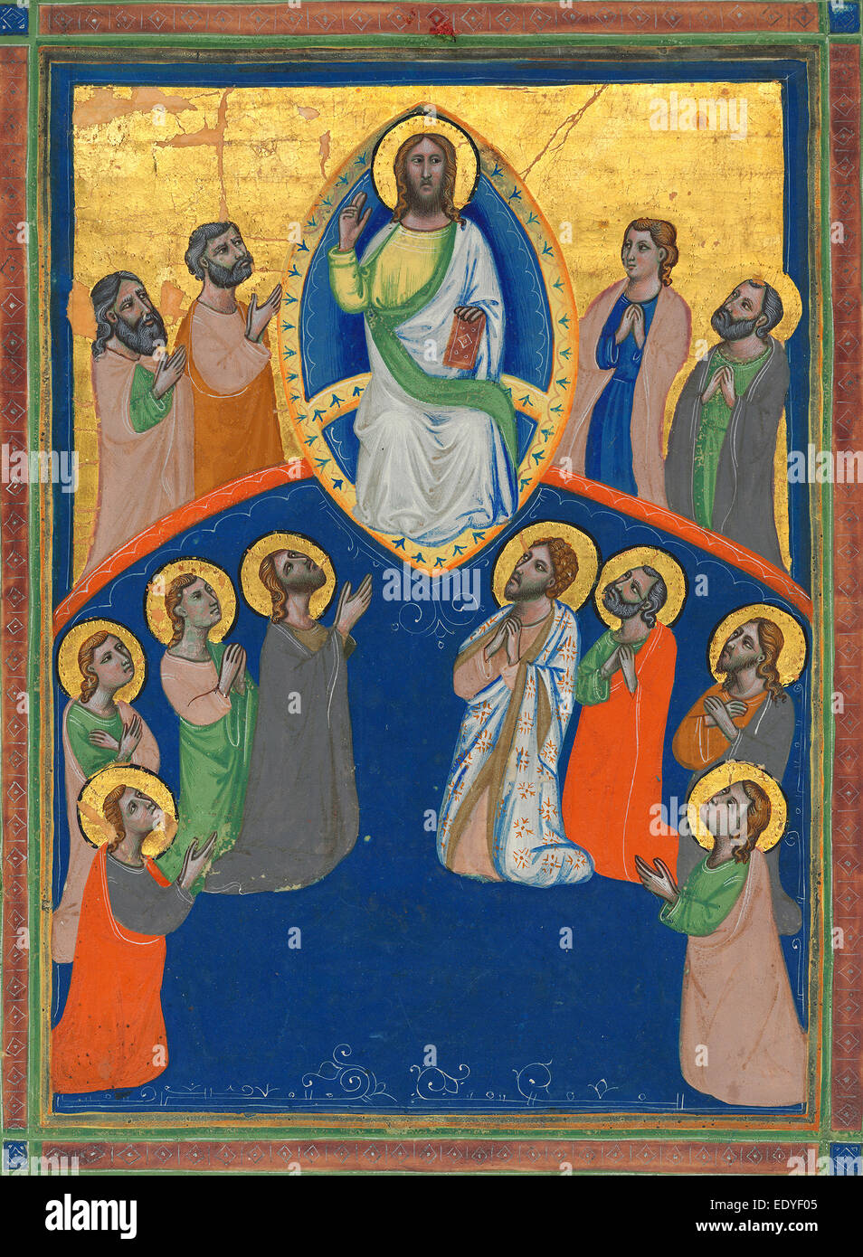Workshop of Pacino di Bonaguida, Christ in Majesty with Twelve Apostles, c. 1320, miniature on vellum Stock Photo