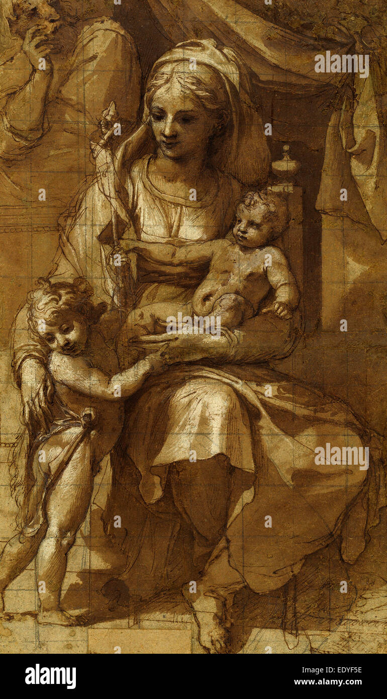 Pellegrino Tibaldi (Italian, 1527 - 1596), The Holy Family with the Infant John the Baptist, 1550s, pen and brown ink with brown Stock Photo