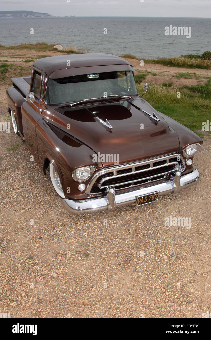 Modified 1957 Chevy 3100 step-side pickup truck Stock Photo