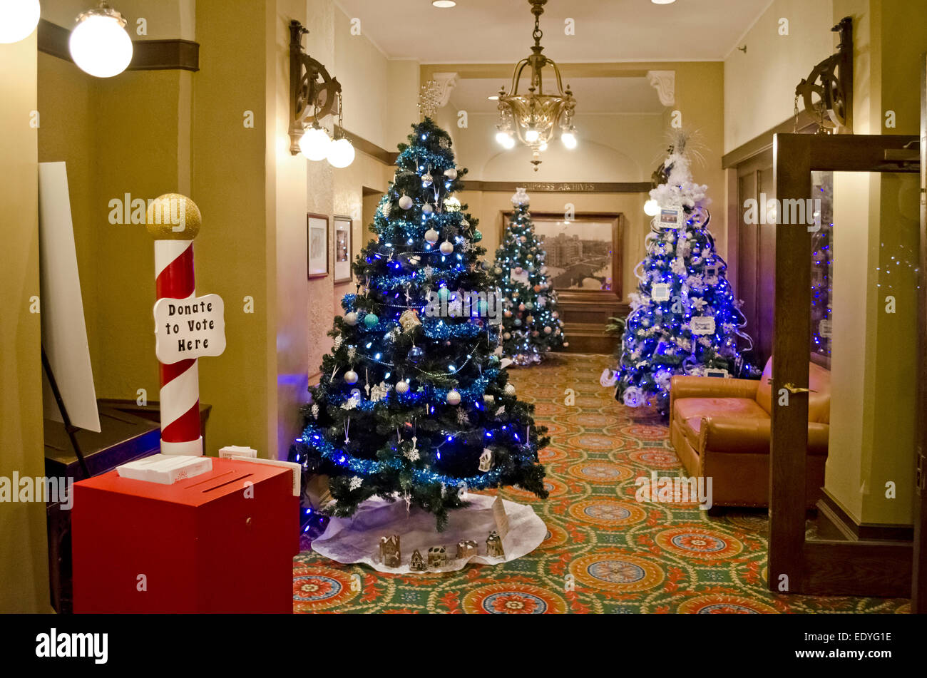 Part of the 'Festival of Trees' at the Fairmont Empress Hotel in Victoria, BC, Canada. Christmas trees on display for charity. Stock Photo