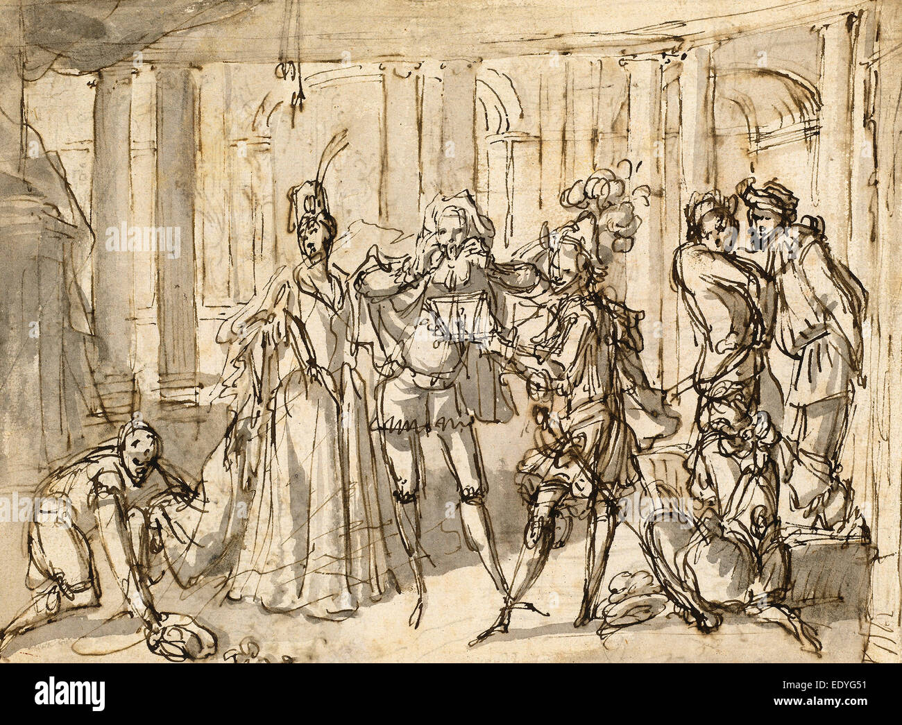 Claude Gillot, A Performance by the Commedia dell'Arte, French, 1673 - 1722, c. 1710, pen and brown ink with gray wash Stock Photo