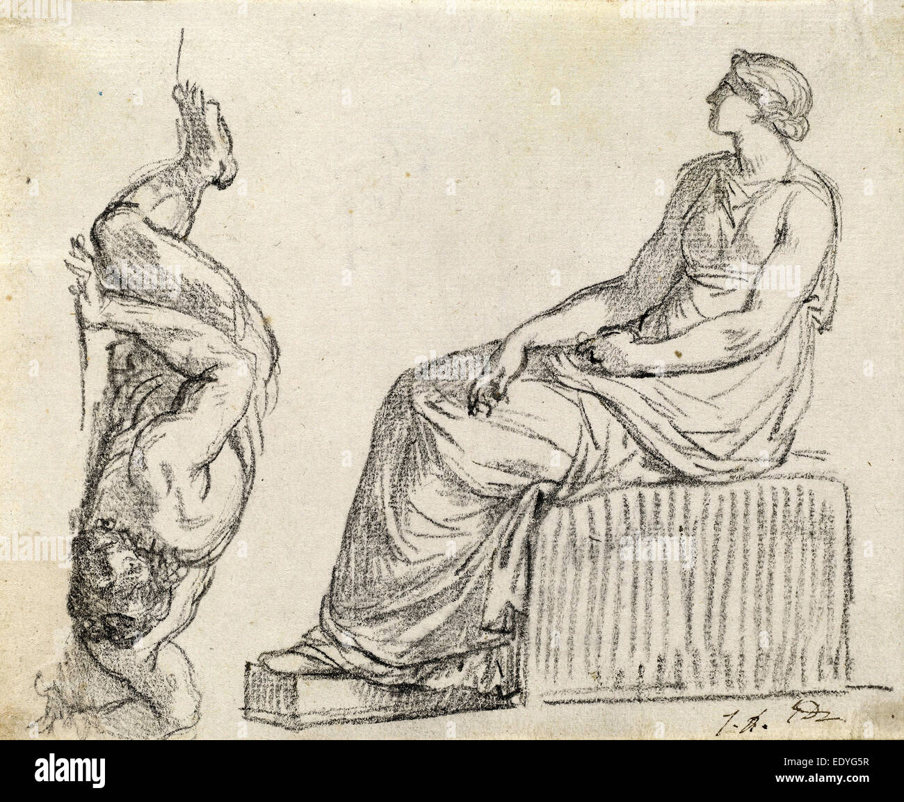 Jacques-Louis David, Seated Woman and Man Sprawling on the Ground, French, 1748 - 1825, 1775-80, black chalk on laid paper Stock Photo