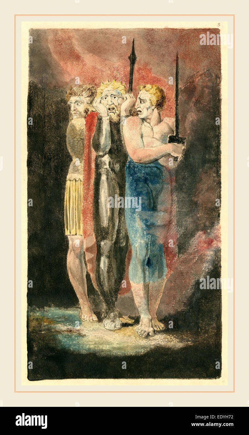 William Blake, The Accusers of Theft, Adultery, Murder (War), British, 1757-1827, c. 1794-1796, color-printed etching Stock Photo