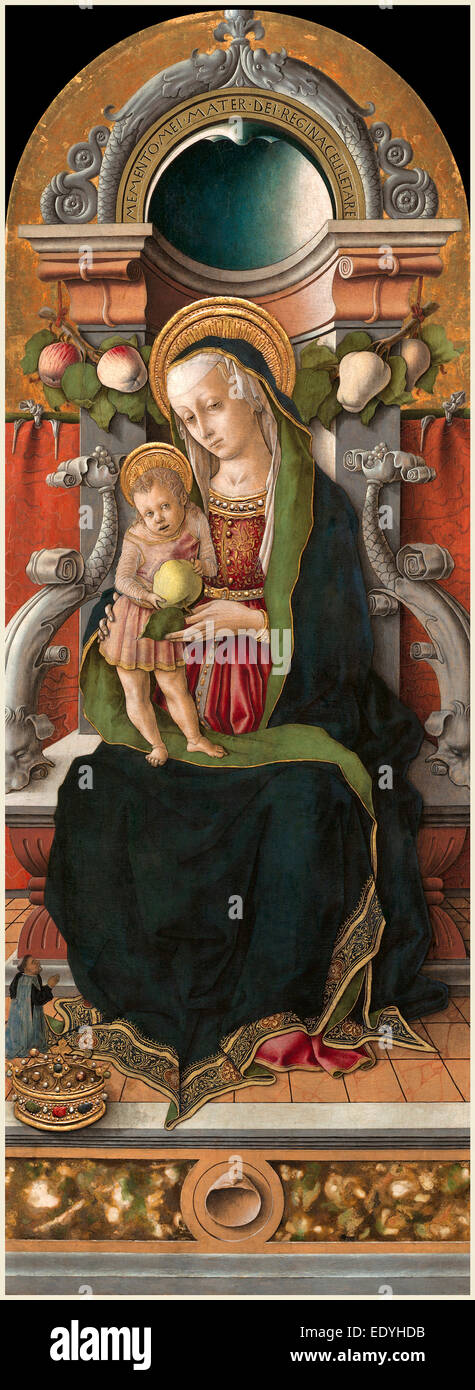 Carlo Crivelli, Italian (c. 1430-1435-1495), Madonna and Child Enthroned with Donor, 1470, tempera on panel Stock Photo