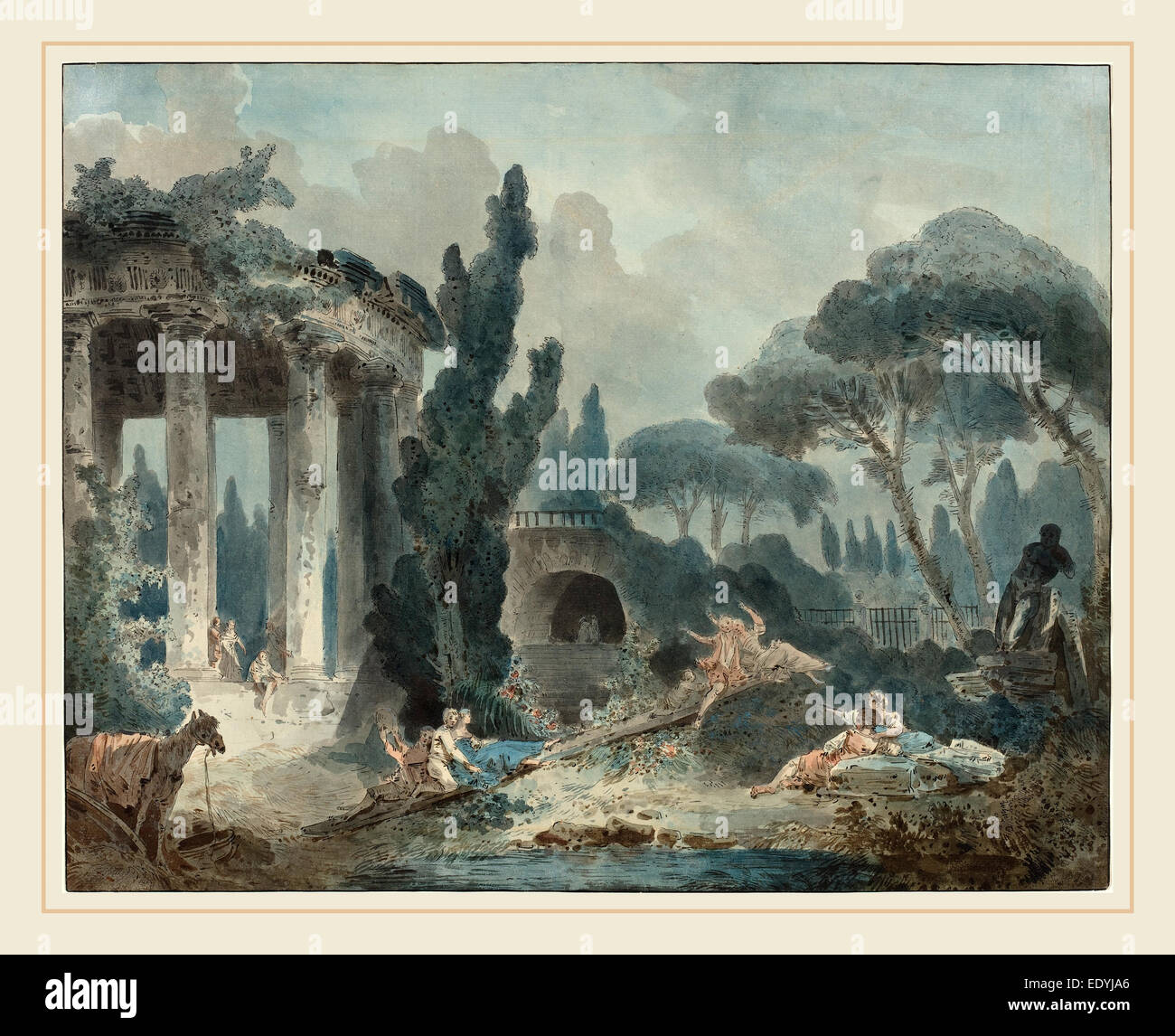 Style of Hubert Robert, The Seesaw, pen and black ink and watercolor on laid paper Stock Photo