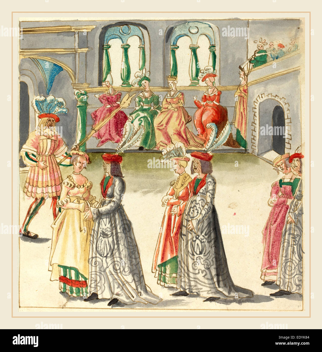 German 16th Century, Masquerade, c. 1515, pen and brown ink with watercolor on laid paper Stock Photo