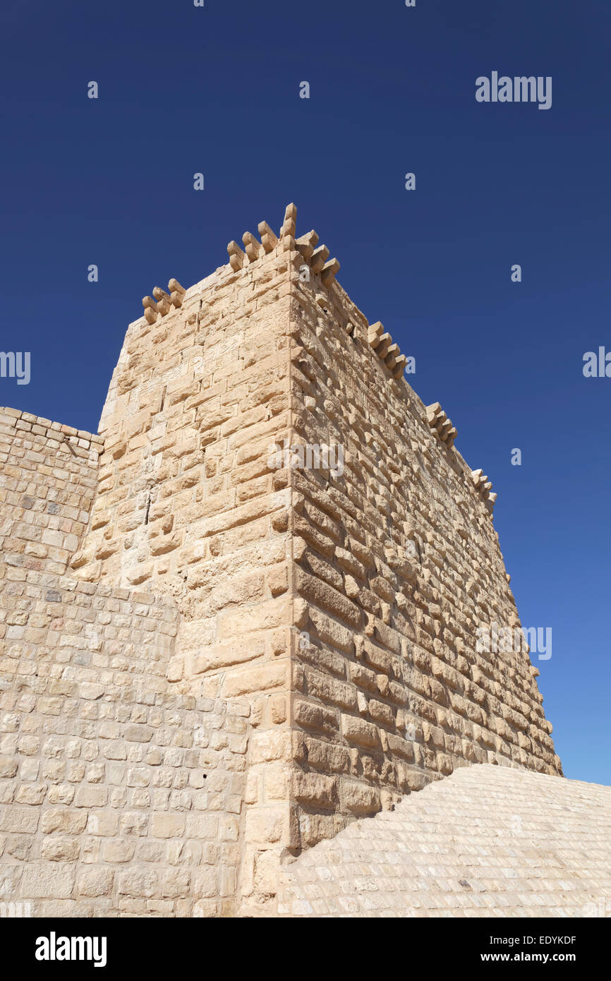 Defence tower with Arabic inscription, Montreal Crusader castle, also Mons Regalis, Shoubak or Shawbak, fortress, hill castle, Stock Photo