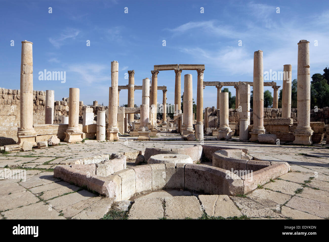 Food market, Marcellum, ancient Roman city of Jerash, part of the Decapolis, Jerash, Jerash Governorate, Jordan Stock Photo