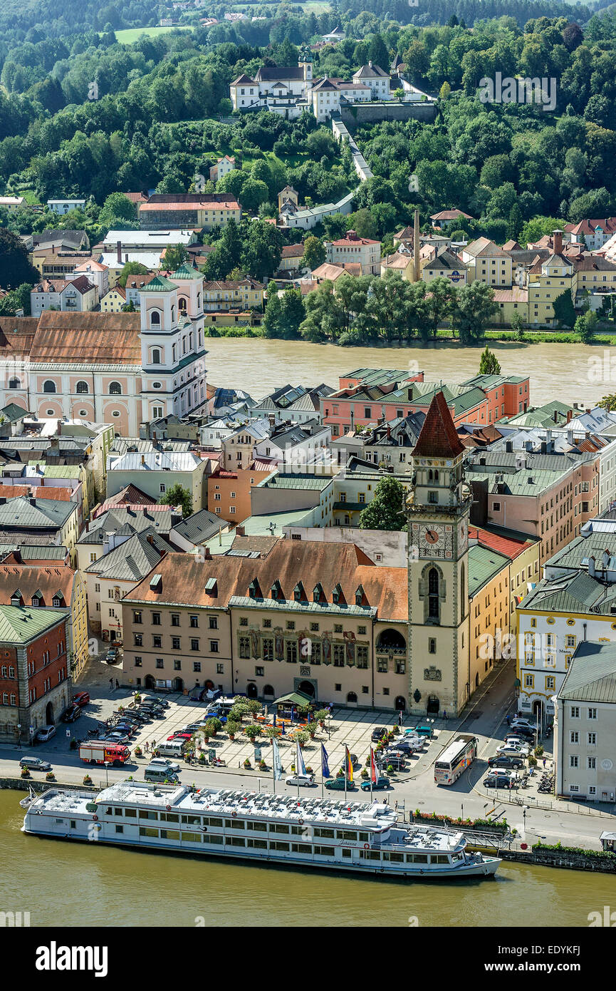 Town Hall, behind Jesuit Church of St. Michael, above Mariahilf Monastery, old town, River Inn, River Danube, Passau Stock Photo