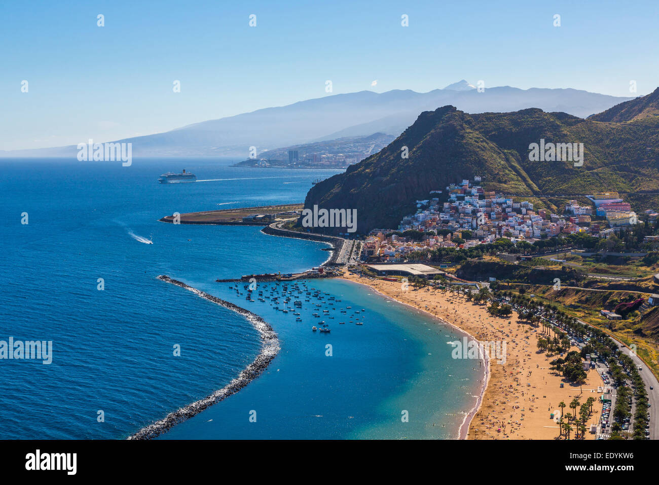 Beach Playa de Las Teresitas, San Andres, at the back Santa Cruz de Tenerife and Pico del Teide Beach Playa de Las Teresitas, San Andres, at the back Santa Cruz de Tenerife and Pico del Teide
