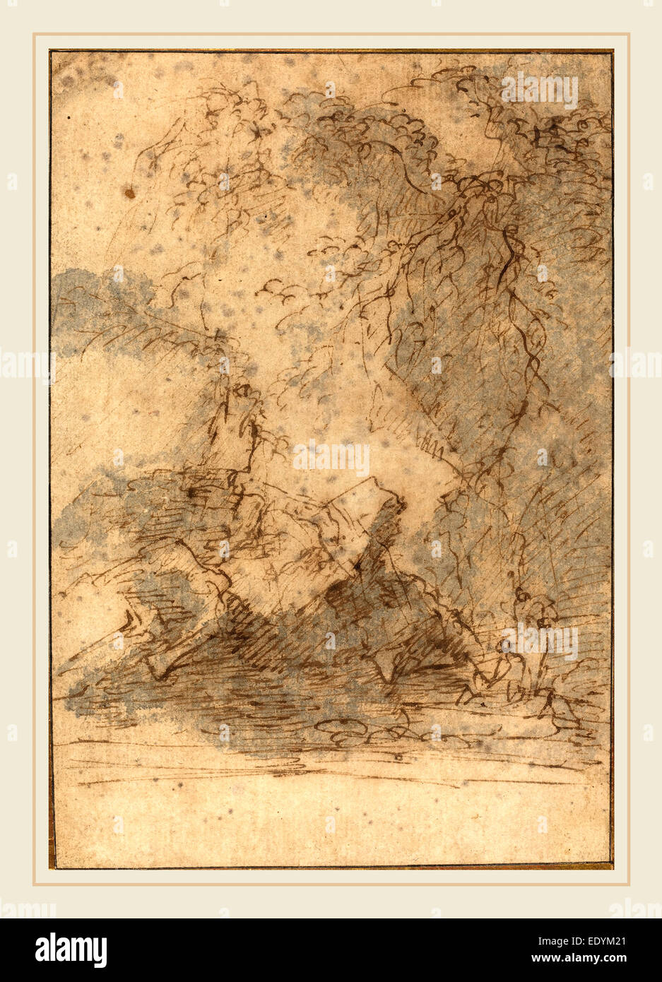 Salvator Rosa, Italian (1615-1673), Landscape, mid 1660s, pen and brown ink with gray wash on laid paper Stock Photo