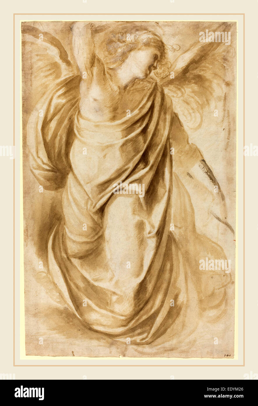 Italian 17th Century, An Angel, c. 1600, brush and brown ink, heightened with white, on laid paper Stock Photo