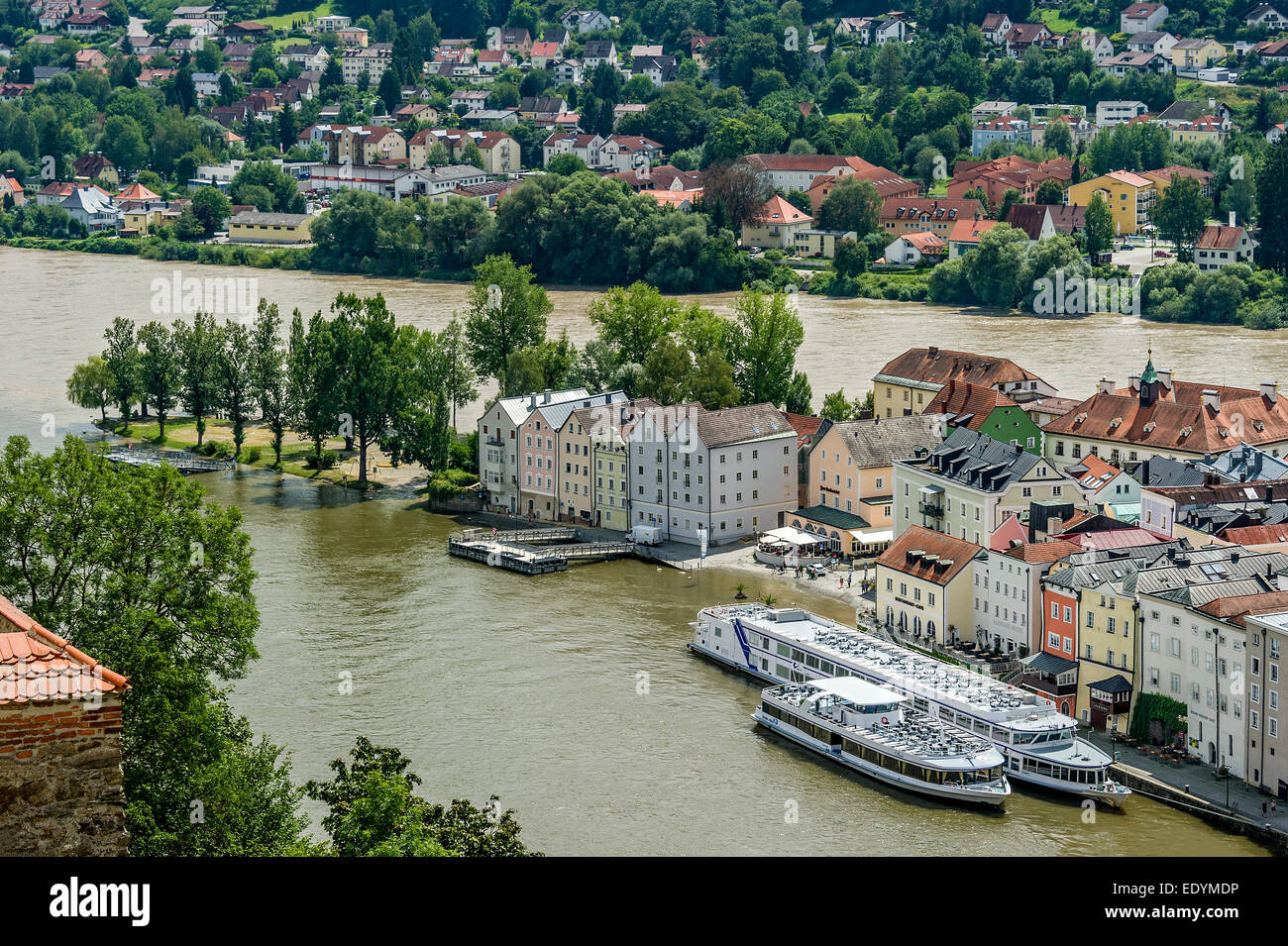 Ortsspitze, Dreiflüsseeck, old town, River Danube, Inn River, slight flood, Passau, Lower Bavaria, Bavaria, Germany Stock Photo