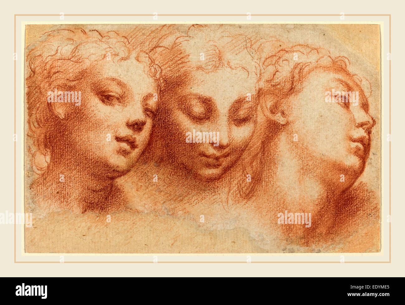Parmigianino, Italian (1503-1540), Three Feminine Heads, c. 1522-1524, red chalk on laid paper Stock Photo
