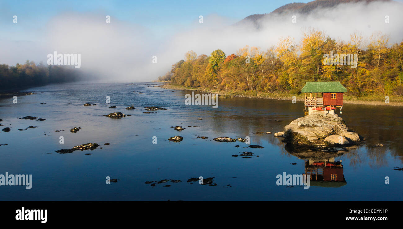 Panorama of Drina river with the famous house on the river near Bajina Basta, Serbia Stock Photo