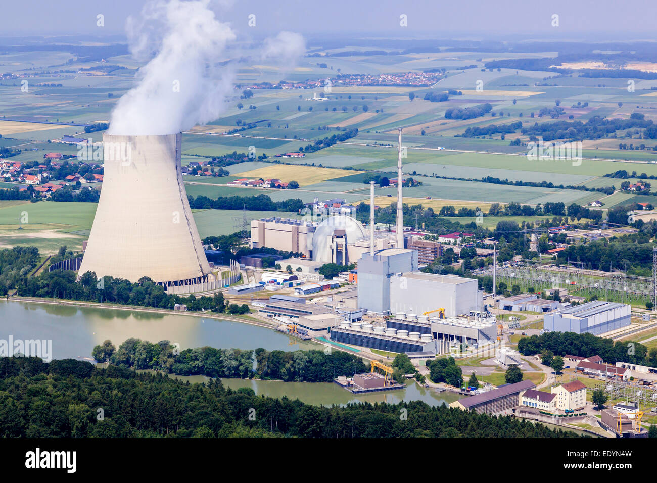 Aerial view, EON nuclear power plants Isar I and Isar II with reactor buildings and cooling tower on the Isar River, Essenbach Stock Photo