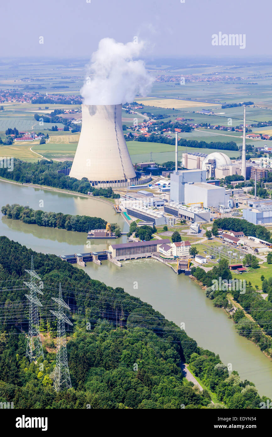 Aerial view, EON nuclear power plants Isar I and Isar II with reactor  buildings and cooling tower on the Isar River, Essenbach Stock Photo - Alamy