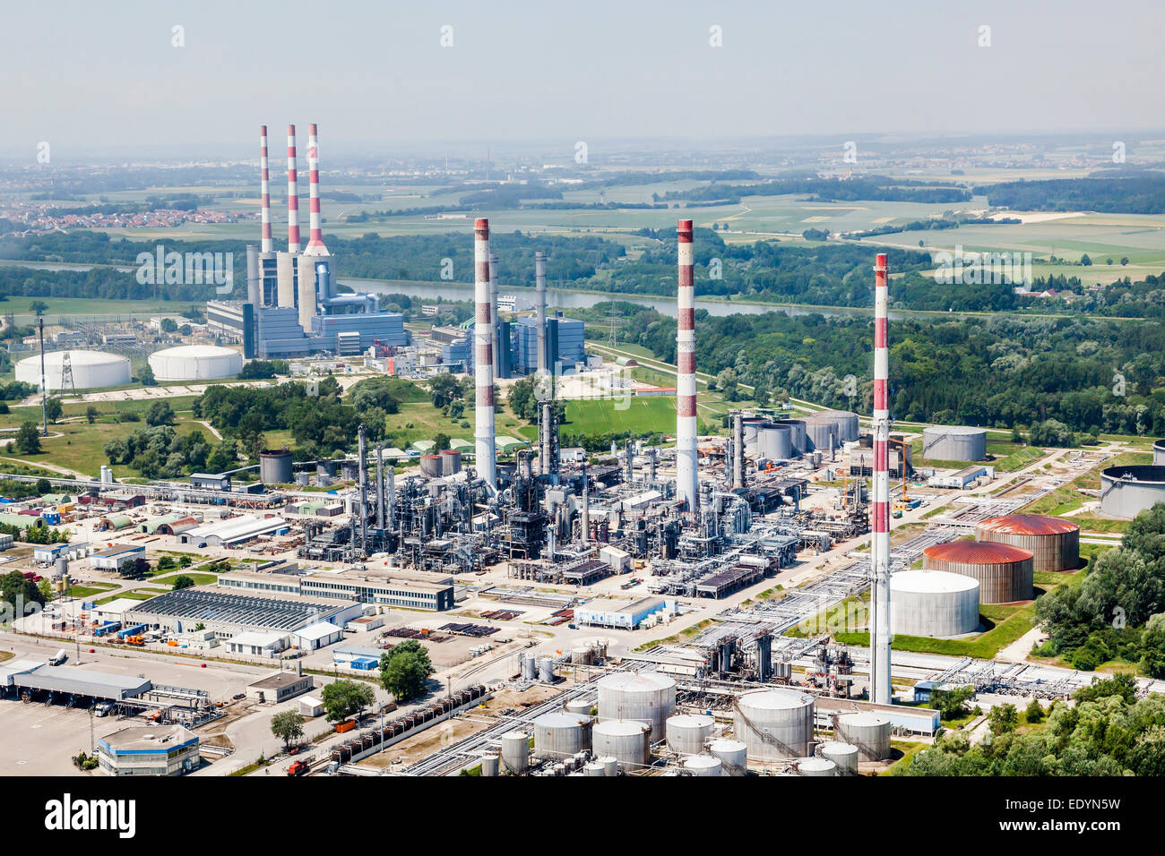 Aerial view, EON power plant Irsching on the Danube, Vohburg, Bavaria ...