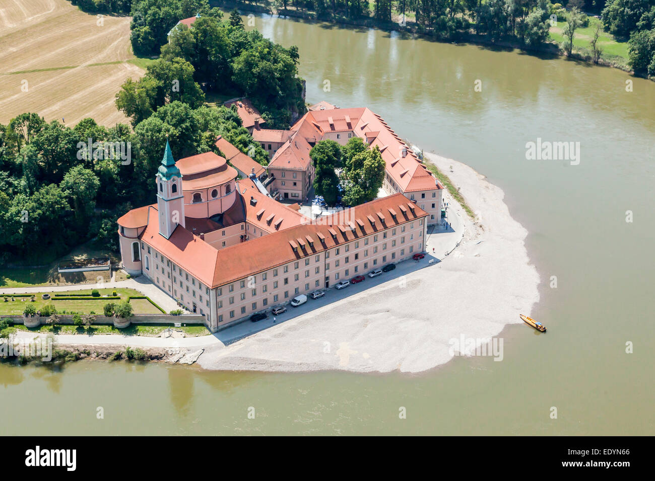 Aerial view, Weltenburg Benedictine Abbey, on the Danube, Kelheim, Bavaria, Germany Stock Photo
