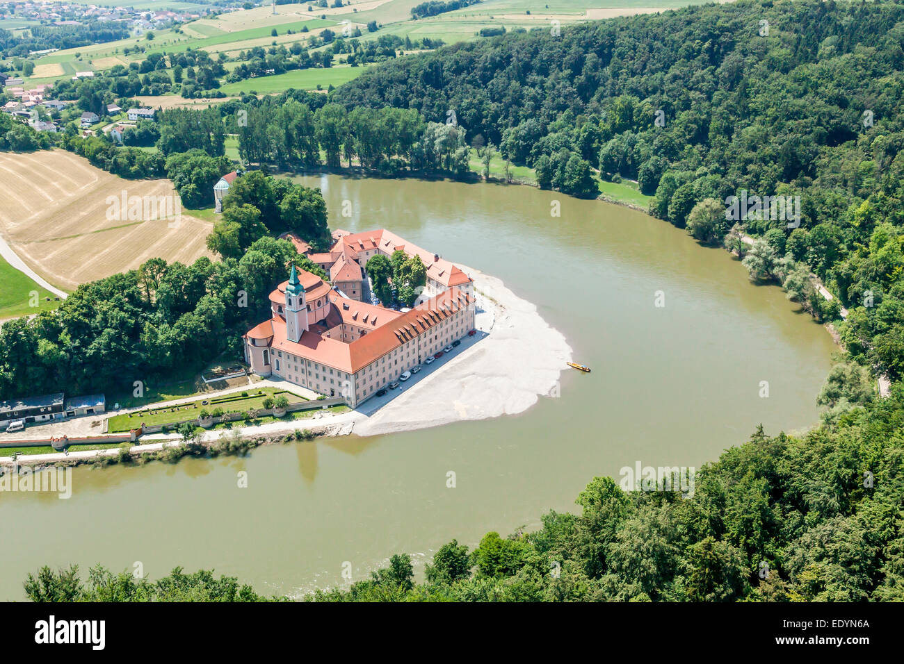 Aerial view Weltenburg Benedictine Abbey, on the Danube, Kelheim, Bavaria, Germany Stock Photo